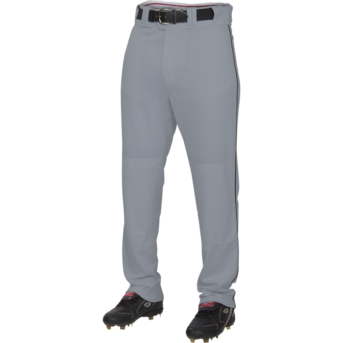 Rawlings Adult Premium Semi-Relaxed Baseball Pants with Piping (PRO150P), made from 100% polyester, paired with black shoes.