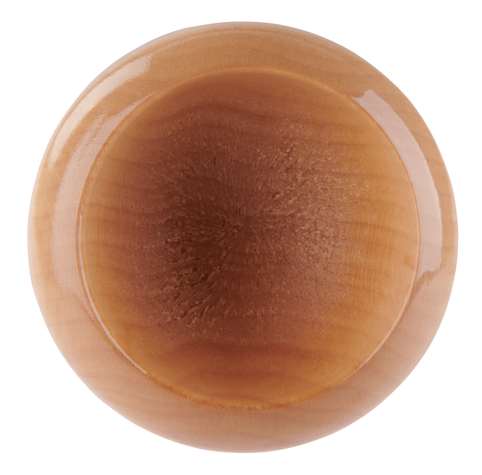 A round, smooth, light brown wooden bowl viewed from above, showing its polished surface and natural wood grain patterns—reminiscent of the fine finish on a Rawlings Pro Preferred Youth Maple Wood Baseball Bat (RPPMMM13Y) by Rawlings.
