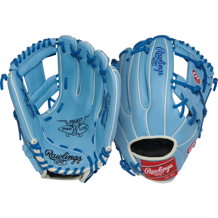 Two light blue Rawlings Select Pro Lite 11.5″ Bo Bichette Baseball Gloves (model SPL150BBCB) with blue laces are displayed, one showing the palm and the other the back. These youth baseball gloves feature both Rawlings and Select Pro Lite logos, making them an excellent choice for young players who want a glove in the Bo Bichette style.