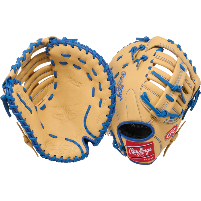 Two tan Rawlings Select Pro Lite 11.5″ Freddie Freeman Baseball First Base Mitts (SPL115FFC) with blue laces are pictured—one showing the open palm and the other the back—both featuring signature red Rawlings logos and detailed stitching. Modeled after Freddie Freeman’s design from the Select Pro Lite series, these youth first base mitts provide young players with professional-level style and performance.