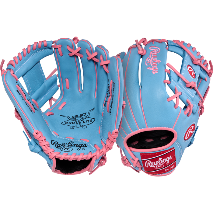 Two blue Rawlings Select Pro Lite 11.5″ Manny Machado Baseball Gloves (model SPL150MMCB) are shown, each featuring pink laces and accents—one highlighted with the palm side visible and the other with the back. These youth infield gloves by Rawlings are inspired by the Manny Machado design, providing young players with both style and performance on the field.