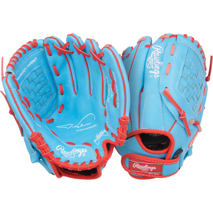 Two Rawlings Sure Catch 10″ Jacob deGrom Youth Baseball Gloves (model SC100JDCB) in light blue with red laces and accents are displayed side by side, showcasing both the front and back. Inspired by Jacob deGrom’s glove design, these Rawlings youth baseball gloves provide young players with a combination of style and performance.