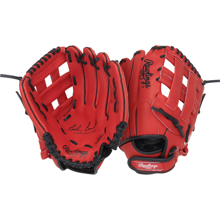 Two red Rawlings Sure Catch 10.5″ Corbin Carroll Youth Baseball Gloves (SC105CCC) with black laces—one showing the palm side with signatures and the other displaying the back with logos and an adjustable wrist strap—perfect for young players who want a glove styled after Corbin Carroll.