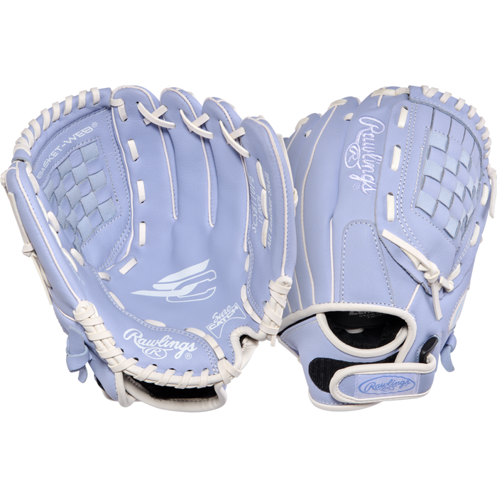 Two light blue Rawlings Sure Catch 11" Fastpitch Gloves (SCSB110PE) with white laces are shown, one palm up and one back up, featuring the Rawlings logo and basket web design on a white background.