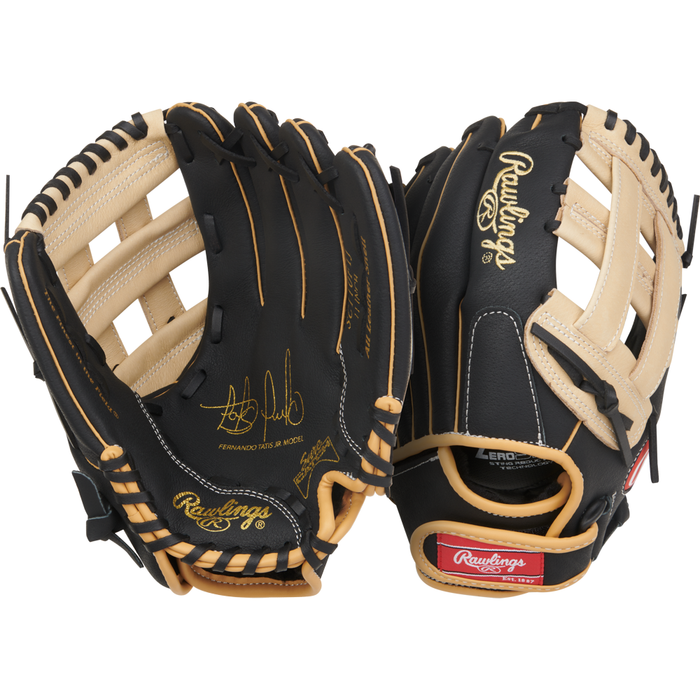 Two black and tan Rawlings Sure Catch 11″ Fernando Tatis Jr. youth baseball gloves, featuring gold signatures and logos, are displayed palm-up and palm-down on a white background.