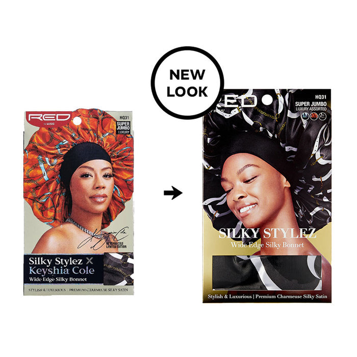 RED BEAUTY by KISS Silky Stylez wide edge super jumbo silky bonnet packaging with model smiling new look