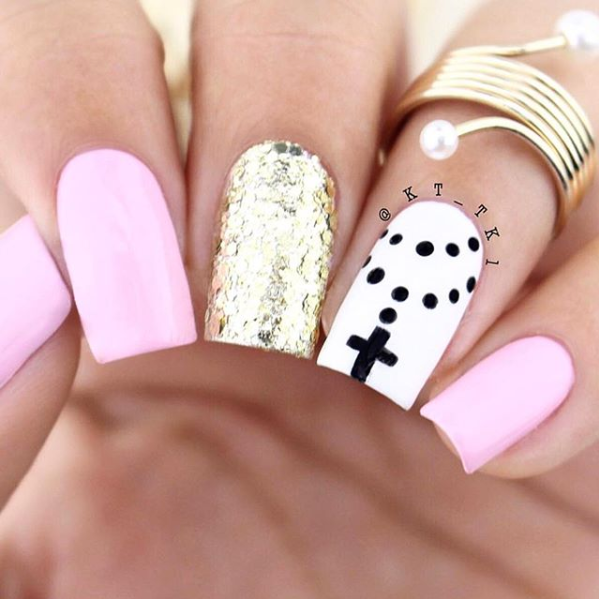 So in Love pink nail polish with gold glitter and black dotted accent nail art
