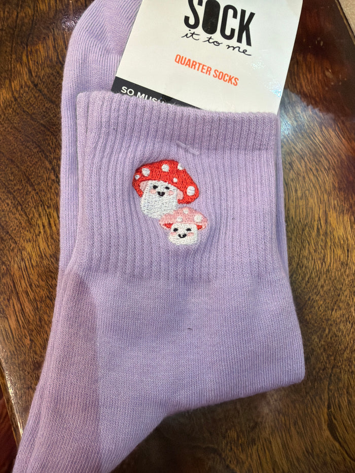 Sock It To Me 1/4 Mushroom In My Heart socks featuring playful mushroom patterns on soft fabric.