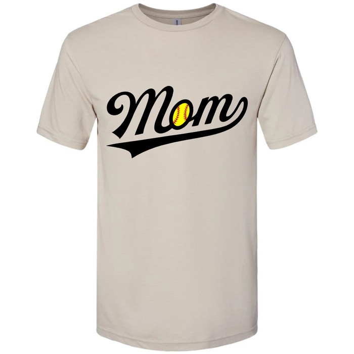 The Softball Mom Softstyle Short Sleeve Shirt by DSG Apparel features "Mom" in black script, with the "o" as a yellow softball with red stitching; available in slate, it’s perfect for proud softball moms.