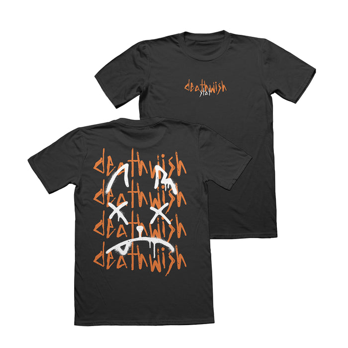 Black tee on a white background. Front chest has gold lowercase print deathwish above white text stat. Back print has deathwish printed 4 times stacled