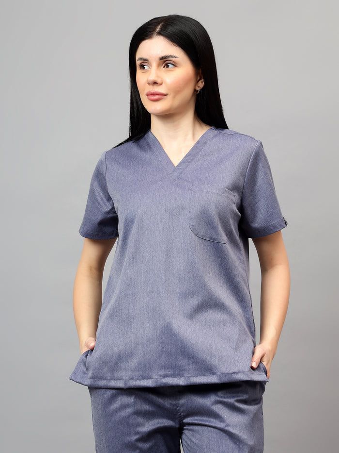 Stretchable (2Way) Women Denim Blue Texture V-Neck Scrub Top