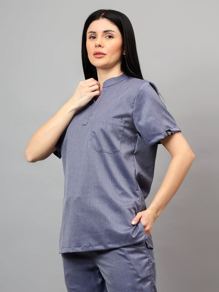 Stretchable (2Way) Women Denim Blue Textured Mandarin Neck Scrub Top