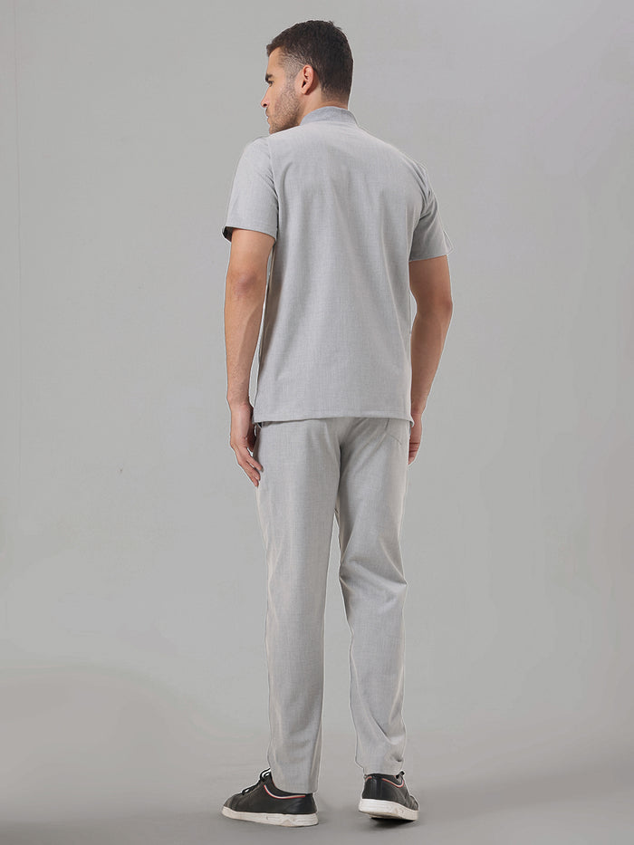 Stretchable (4Way) Light Grey Men Flex Zip Neckline Top With Straight Pants