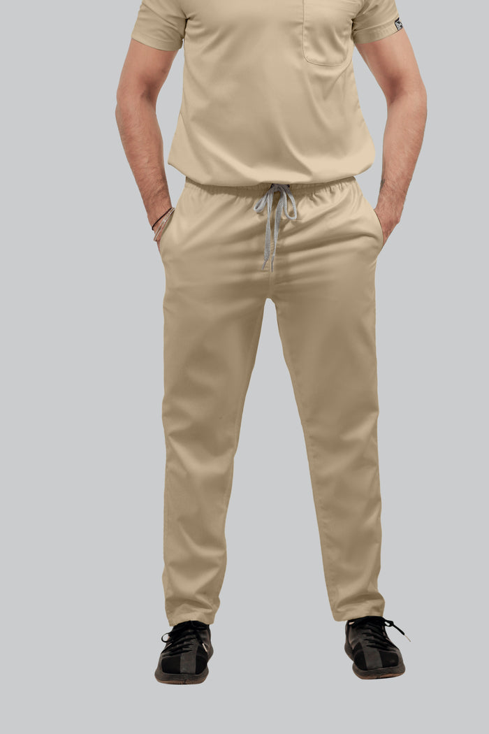 Stretchable (4Way) Men Beige V-Neck With Straight Pant Scrub Set