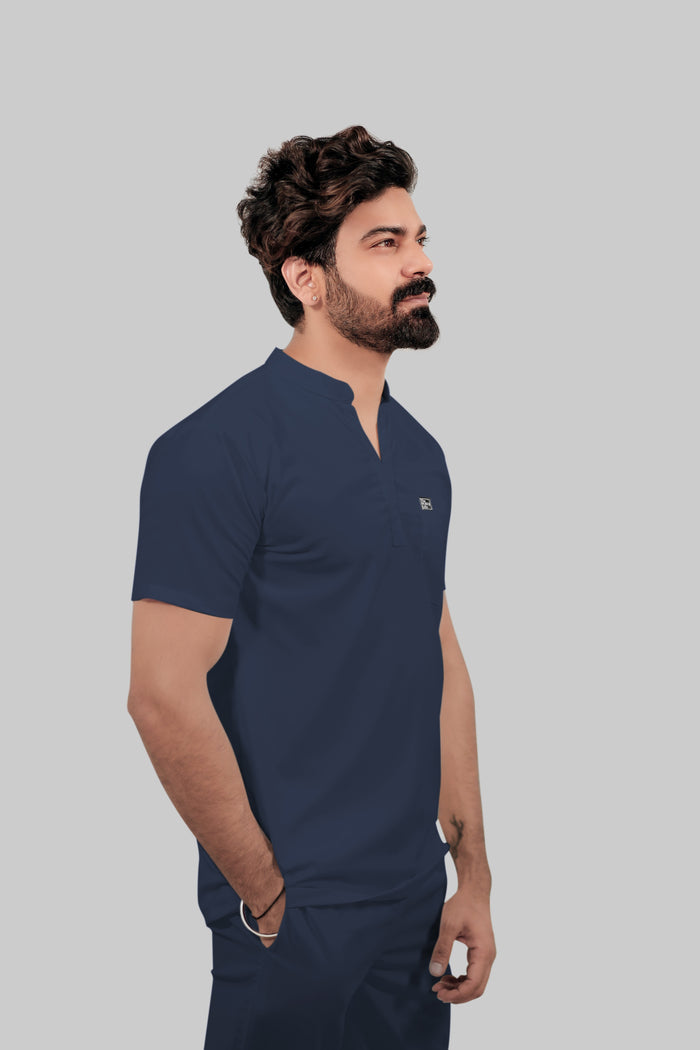 Stretchable (4Way) Men Mandarin Neck Navy Blue Scrub Top