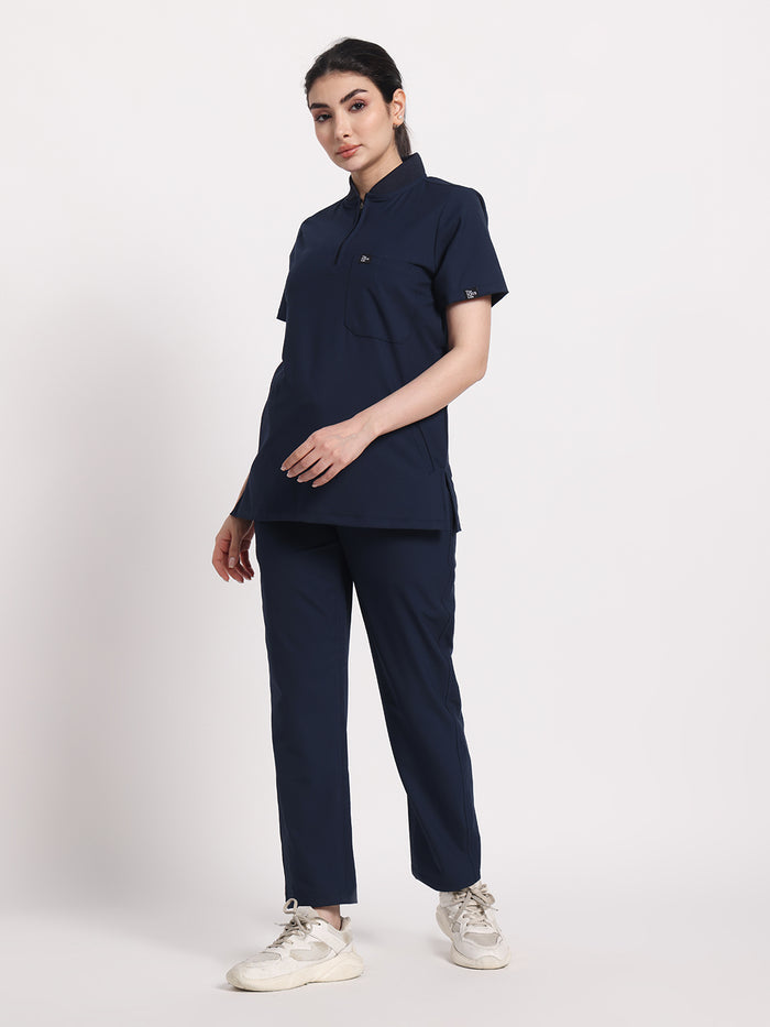 Stretchable (4Way) Navy Blue Women Flex Zip Neckline Top With Straight Pants