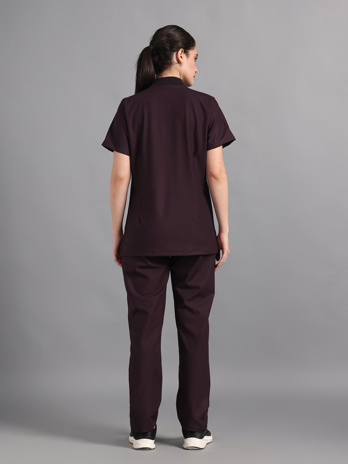 Stretchable (4Way) Wine Women Flex Zip Neckline Top With Straight Pants