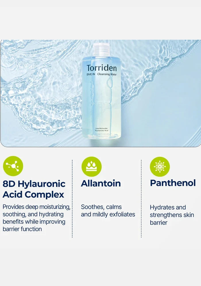 Torriden cleansing water bottle with product benefits listed on a light blue background