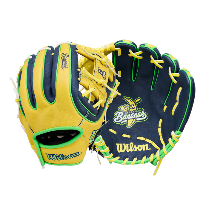 The Wilson A450 Savannah Bananas 11" Youth Baseball Glove (WBW10419211) features yellow and black colors with green accents, the Savannah Bananas team logo, Wilson branding, and a classic H-Web design.