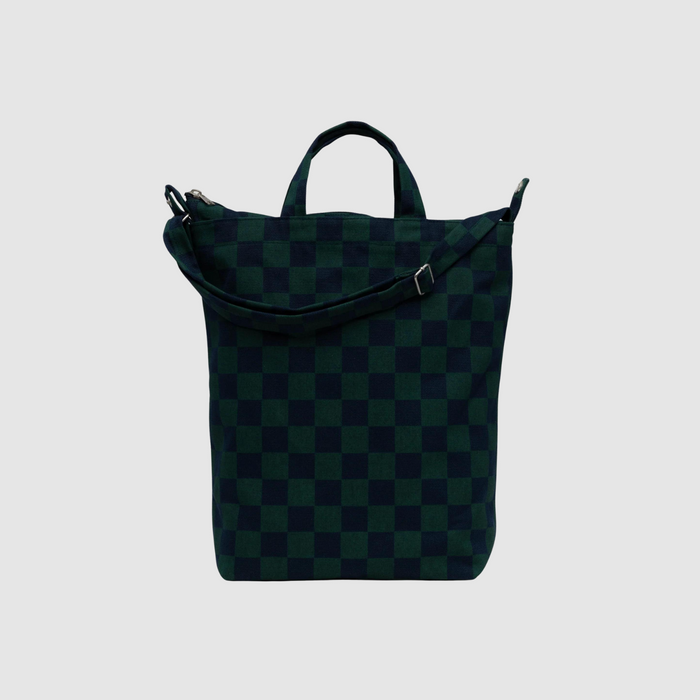 Navy green check zip-top duck bag with dual handles and front zipper pocket