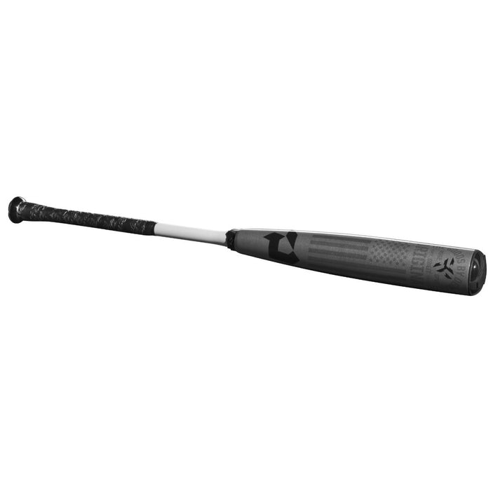 A black and white image of the used 2024 DeMarini The Goods (-5) 2 5/8" USSSA Baseball Bat (WBD2471010), showing its textured grip, X14 Alloy Barrel, and American flag graphic on this premium DeMarini hybrid bat.