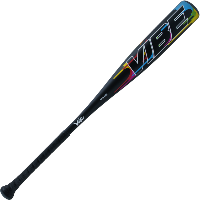 The 2024 Victus Vibe (-10) 2 3/4" USSSA Baseball Bat: VSBVIB10 by Victus is a black one-piece aluminum bat with a grip handle, bold multicolored "VIBE" graphics, and a vibration-reducing knob for comfort.