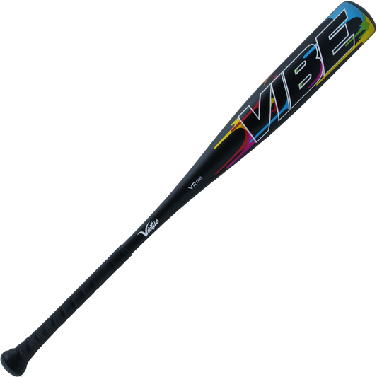 The 2024 Victus Vibe (-10) 2 3/4" USSSA Baseball Bat: VSBVIB10 by Victus is a black one-piece aluminum bat with a grip handle, bold multicolored "VIBE" graphics, and a vibration-reducing knob for comfort.