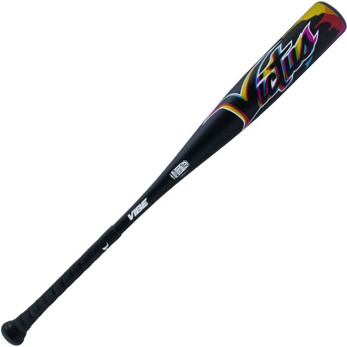 The 2024 Victus Vibe (-10) 2 3/4" USSSA Baseball Bat (VSBVIB10) by Victus features a black, one-piece aluminum design, textured grip, vibrant logo with red, yellow, and purple accents, plus a vibration-reducing knob for comfort.