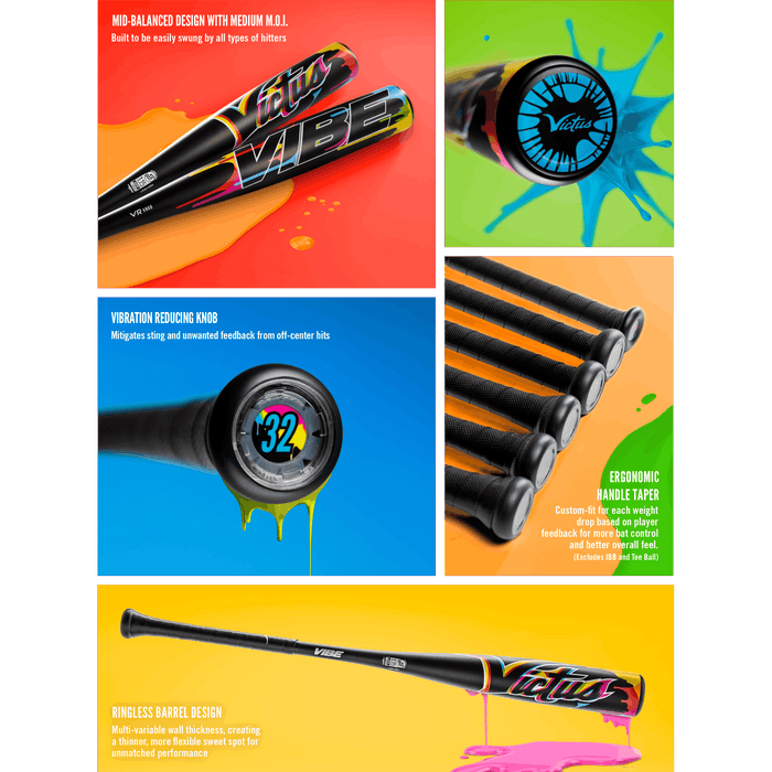 A vibrant collage highlights the 2024 Victus Vibe (-10) 2 3/4" USSSA Baseball Bat: VSBVIB10 by Victus, showcasing its one-piece aluminum build, vibration-reducing knob, ergonomic handle cap, and bold blue, yellow, and green paint splashes.