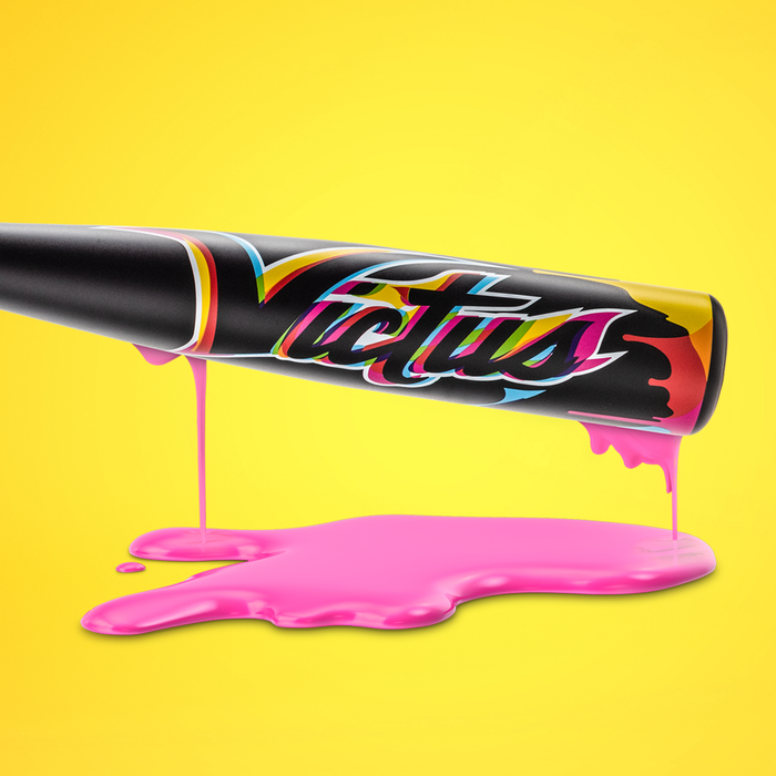 The 2024 Victus Vibe (-10) 2 3/4" USSSA Baseball Bat (VSBVIB10) by Victus features a black one-piece aluminum design with sleek pink drip accents.