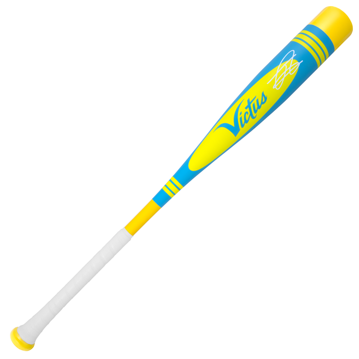 The 2025 Victus Vibe Pro-Crayon Julio Rodriguez (-8) 2 3/4" USSSA Baseball Bat features blue and yellow aluminum, yellow “Victus” script, a white taped handle, vibration-reducing knob, and decorative yellow stripes near the barrel.