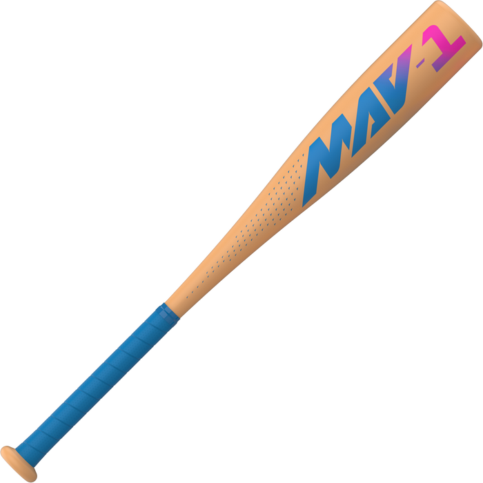 The Easton 2026 MAV1 Flash (-11) USA T-Ball Baseball Bat (ETB6M1F11) features a tan barrel, blue grip, MAV-1 in blue and pink lettering, and is crafted with ALX100 Performance Alloy for quality play.