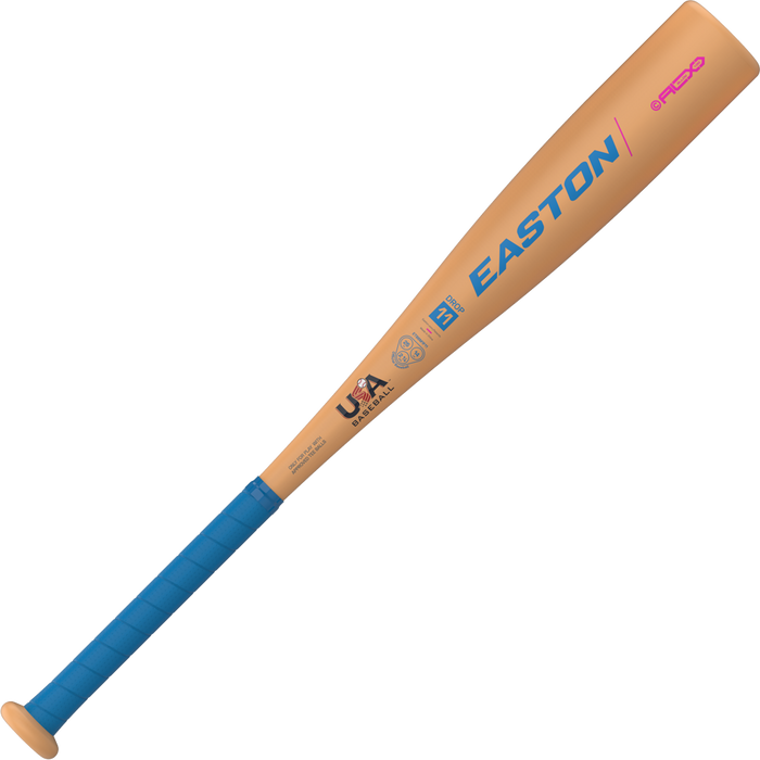 The 2026 Easton MAV1 Flash (-11) 2 5/8" USA T-Ball Baseball Bat (ETB6M1F11) is tan with blue EASTON text and grip. It features the ALX100 Performance Alloy, USA Baseball logo, and model markings near the handle.