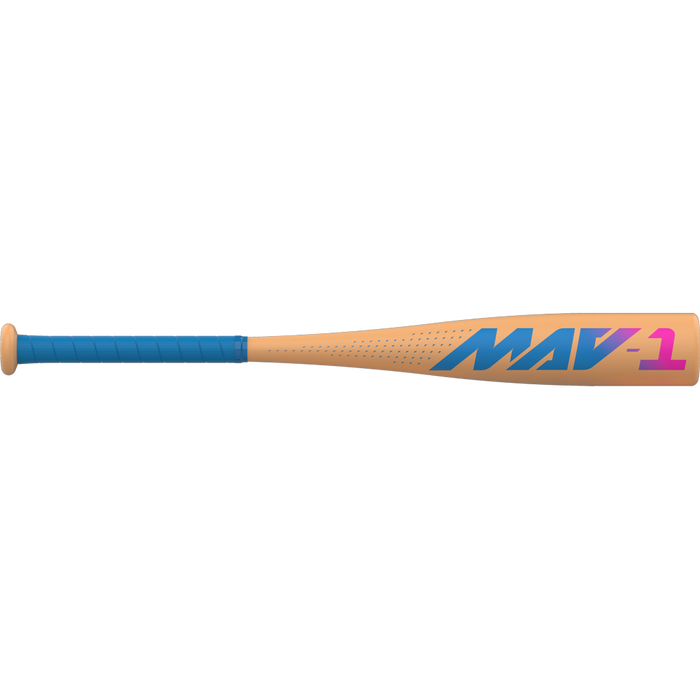 The 2026 Easton MAV1 Flash (-11) 2 5/8" USA T-Ball Baseball Bat by Easton is shown in tan with a blue handle grip and “MAV-1” in blue and pink on the barrel, made from ALX100 Performance Alloy, set against a white background.