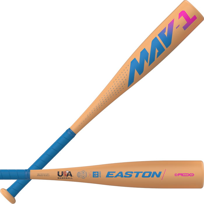 Two tan Easton MAV1 Flash (-11) T-Ball bats are shown: one with blue MAV-1 lettering, the other featuring EASTON branding, USA BASEBALL logo, ALX100 Performance Alloy details, and various logos near the base.