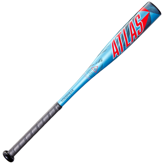 The Louisville Slugger Atlas (-12.5) 2026 USA T-Ball Bat (WBL4133010) features a blue and silver one-piece alloy design, bold red ATLAS lettering on the barrel, black grip, and LOUISVILLE near the handle—perfect for youth players.