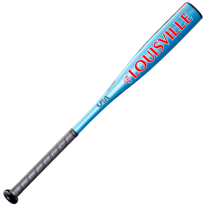 The 2026 Louisville Slugger Atlas (-12.5) 2 1/4" USA T-Ball Baseball Bat (WBL4133010) features a blue barrel, black handle grip, and LOUISVILLE in bold red letters—a perfect one-piece alloy bat for young players.
