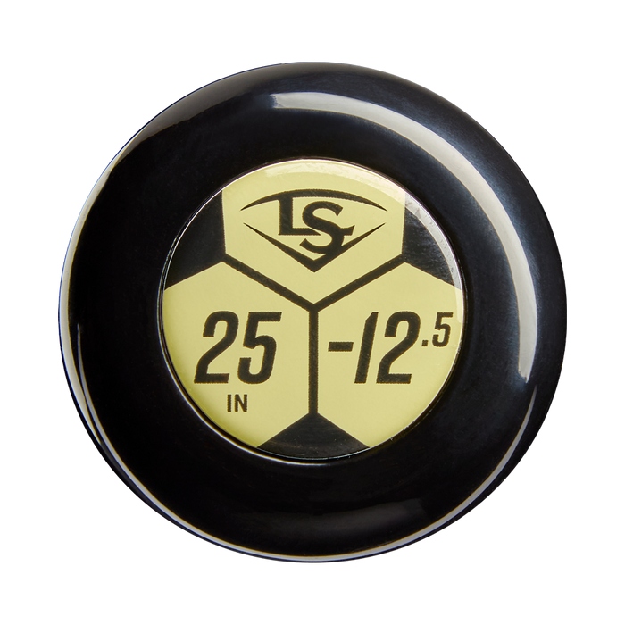 A black and yellow circular end cap featuring "LS," "25 IN," and "-12.5" from the 2026 Louisville Slugger Atlas (-12.5) 2 1/4" USA T-Ball Baseball Bat: WBL4133010, designed for youth one-piece alloy bats.