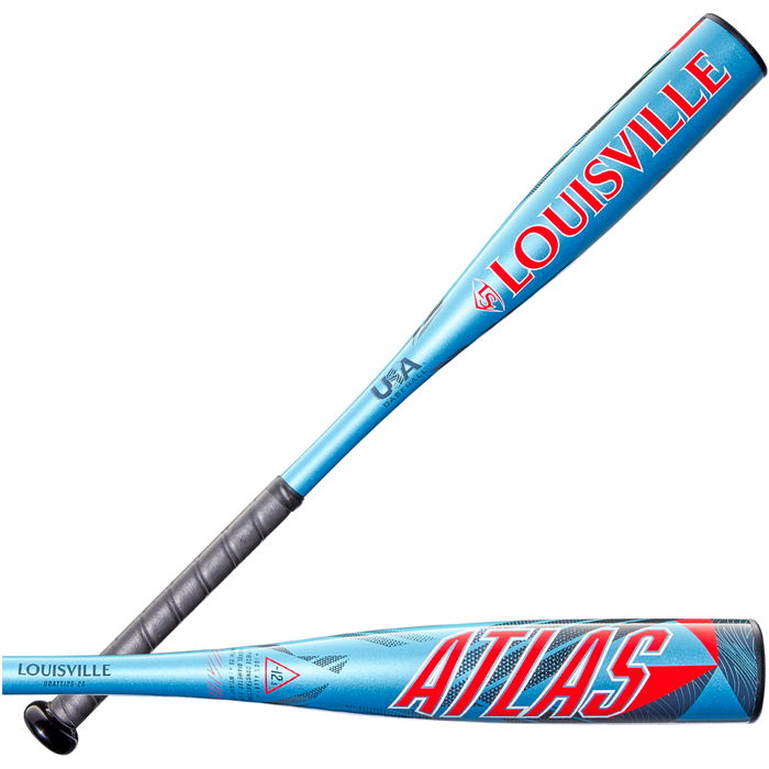 Two views of the blue 2026 Louisville Slugger Atlas (-12.5) 2 1/4" USA T-Ball Bat (WBL4133010); one shows the LOUISVILLE logo, the other ATLAS name in red and white—ideal one-piece alloy bat for young players.