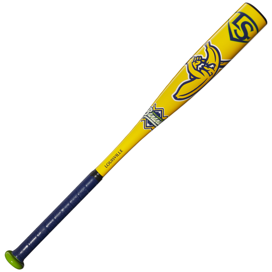 The 2026 Louisville Slugger Savannah Bananas (-12.5) 2 1/4″ USA T-Ball Baseball Bat (WBL4005010) features a vibrant yellow design with a blue and green kangaroo logo, blue grip, and green knob on the handle, all showcased against a white background.