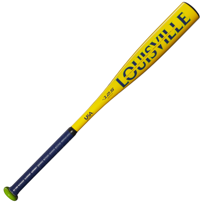 Introducing the 2026 Louisville Slugger Savannah Bananas (-12.5) 2 1/4″ USA T-Ball Baseball Bat (WBL4005010), a vibrant yellow alloy bat designed with blue and green accents, a blue grip handle, and “Louisville” boldly displayed in large blue letters along the barrel. This Louisville Slugger is perfect for young T-ball players ready to step up to the plate.