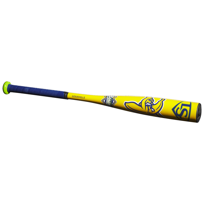 The 2026 Louisville Slugger Savannah Bananas (-12.5) 2 1/4″ USA T-Ball Baseball Bat (WBL4005010) features a yellow and blue alloy barrel with a blue grip, a green end cap, playful cartoon bee artwork, and bold Louisville Slugger branding.
