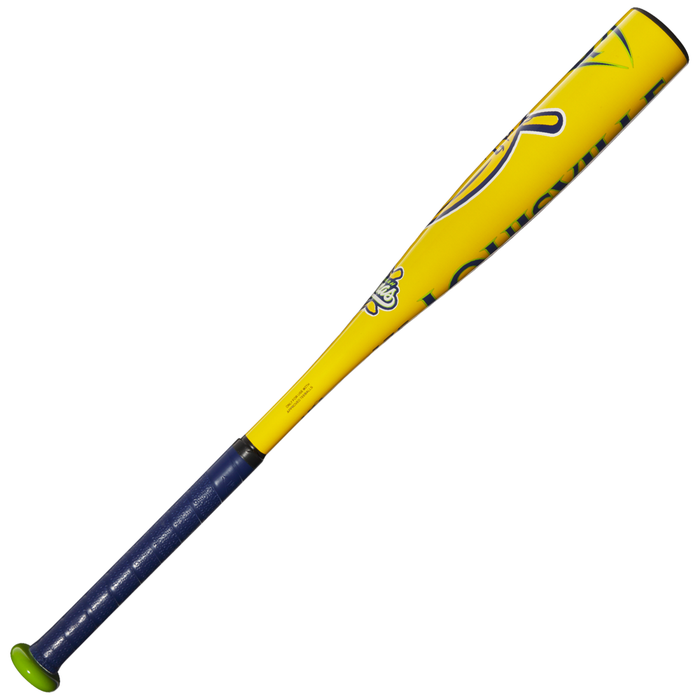 A yellow and blue Louisville Slugger Savannah Bananas (-12.5) 2 1/4″ USA T-Ball Baseball Bat (WBL4005010) featuring a green end cap and a blue grip, displayed against a white background.