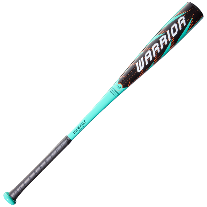 A turquoise and black 2026 Louisville Slugger Warrior (-10) USA Baseball Bat (WBL4167010) featuring a gray grip and "WARRIOR" in bold white letters on the barrel.