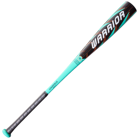 A turquoise and black 2026 Louisville Slugger Warrior (-10) USA Baseball Bat (WBL4167010) featuring a gray grip and "WARRIOR" in bold white letters on the barrel.