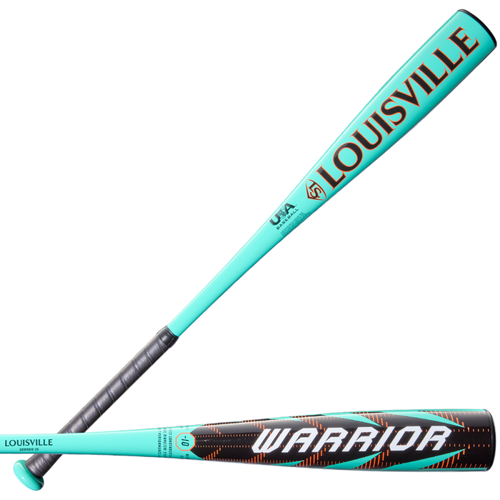 Two turquoise 2026 Louisville Slugger Warrior (-10) USA baseball bats feature black grips—one with a red LOUISVILLE logo, the other WARRIOR in bold white on a black/red background. Both have balanced swing weight and Series 7 Premium Alloy Barrel.