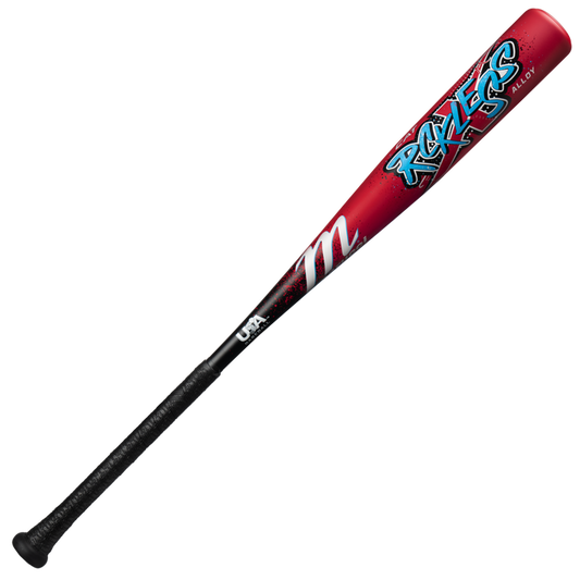 The 2026 Marucci CAT X RCKLESS (-11) 2 5/8" USA Baseball Bat (MSBCR11USA) features a red-and-black design with “Roxers” in blue graffiti-style text on the barrel and a white “m” on the grip, inspired by Marucci’s iconic look.