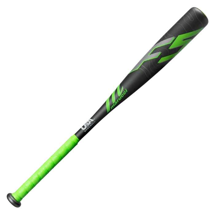 The 2026 Marucci F5 (-12) 2 1/4″ USA Tee Ball Baseball Bat (MTBF55) features a striking black and green design, highlighted by neon green grip tape and bold Marucci branding along the barrel and handle. Crafted from durable one-piece alloy construction, this USA Baseball bat tapers to a comfortable knob at the base.