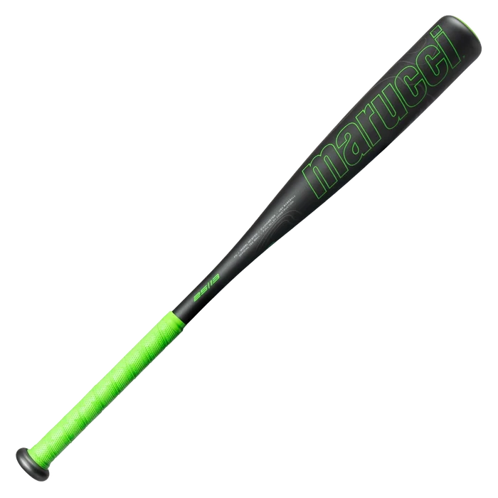 The 2026 Marucci F5 (-12) 2 1/4″ USA Tee Ball Baseball Bat (MTBF55) by Marucci is displayed against a plain white background, featuring a black design with vibrant green text and a green grip, and constructed from one-piece alloy.