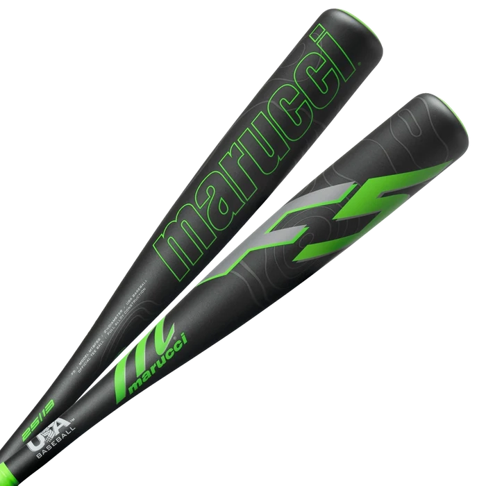 Two black 2026 Marucci F5 (-12) 2 1/4″ USA Tee Ball Baseball Bats (model MTBF55) featuring bold, modern green graphics and the prominent Marucci logo. These bats are constructed from durable one-piece alloy for reliable performance and showcase “marucci” written in large green letters along the side.